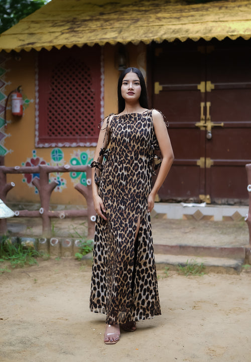 Animal print slit sheath midi dress